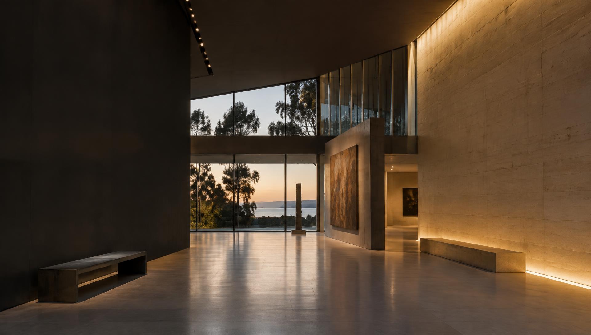 A contemporary gallery illuminated at dusk
